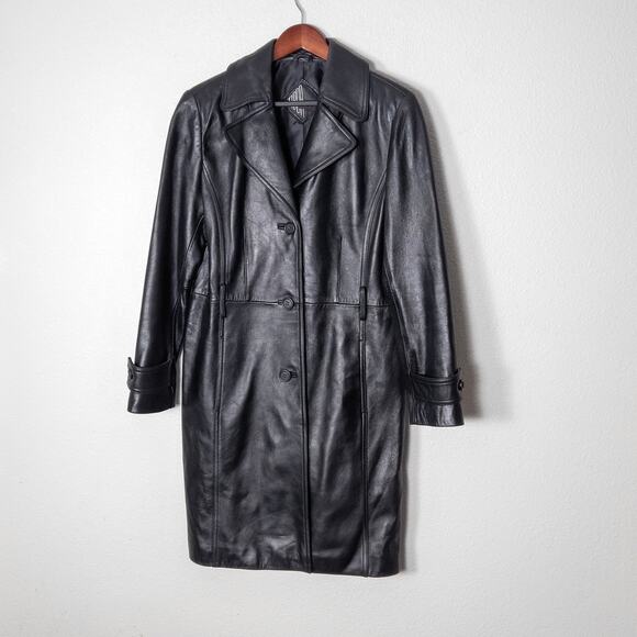 Tibor Leathers Women’s Black Leather Trench Coat Quiet Luxury Button Tab Cuff M